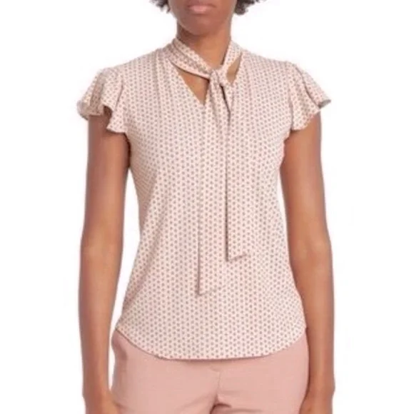 Adrianna Papell Tie Neck Flutter Sleeve Size Small-Creme w/Blk and red print - Picture 1 of 9